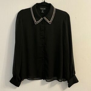 Rachael Zoe Black Blouse Sheer Sleeves Crystal Collar Large